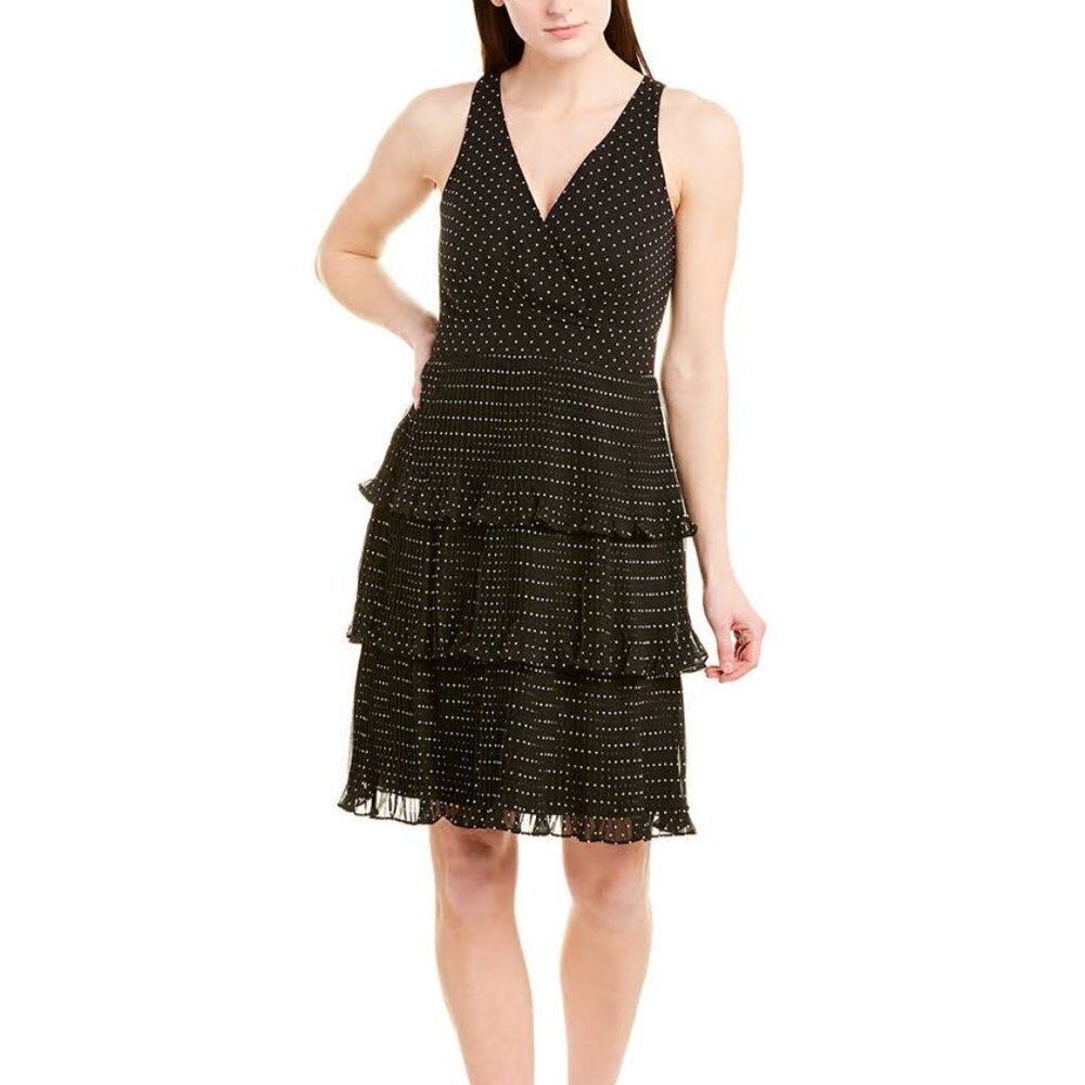 ELIZA J Black White Polka Dot Tiered Pleated Sleeveless Chiffon Mini Dress 14